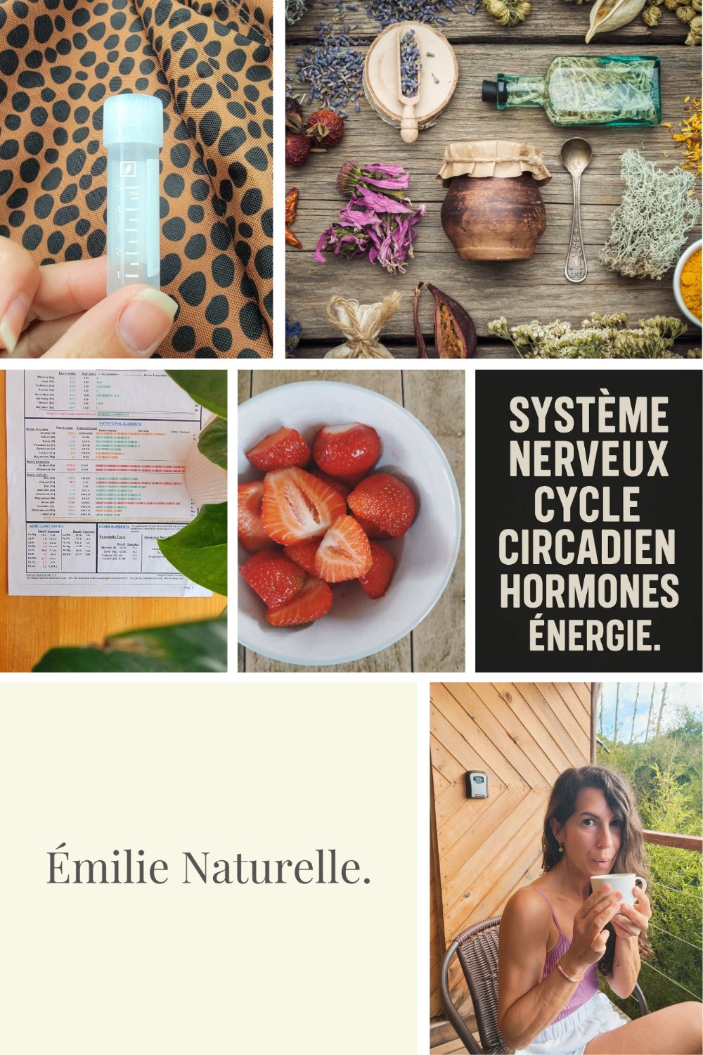 Collage : outil salivaire, plantes séchées, rapport minéral, fraises, et Émilie qui boit un thé